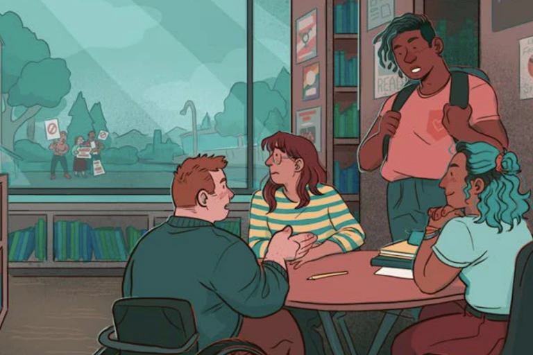 a drawing of a group of youth inside a library looking out the window at a protest,