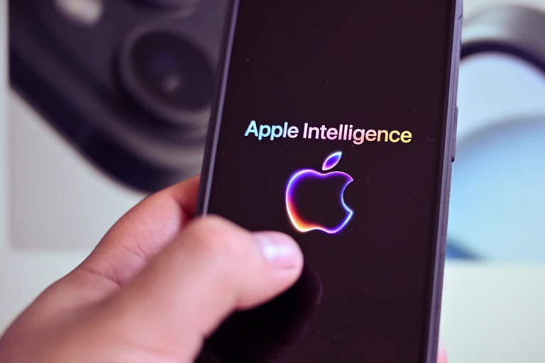 A phone screen displaying the Apple logo and the words "Apple Intelligence'