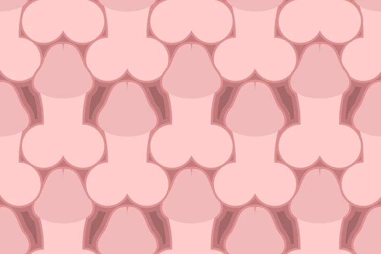 Illustration of many pink, cartoon-like penises, next to each other