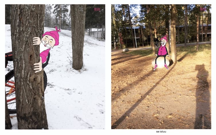 Two photos of trees with a pink cartoon elf overlaid on them.