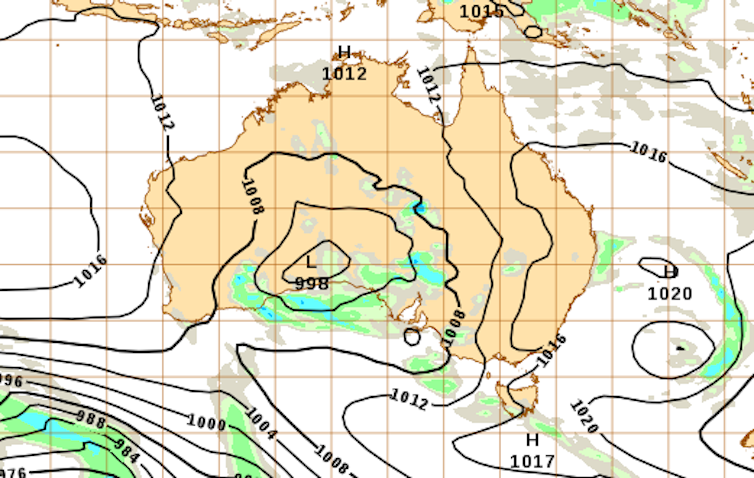 map showing low pressure system australia
