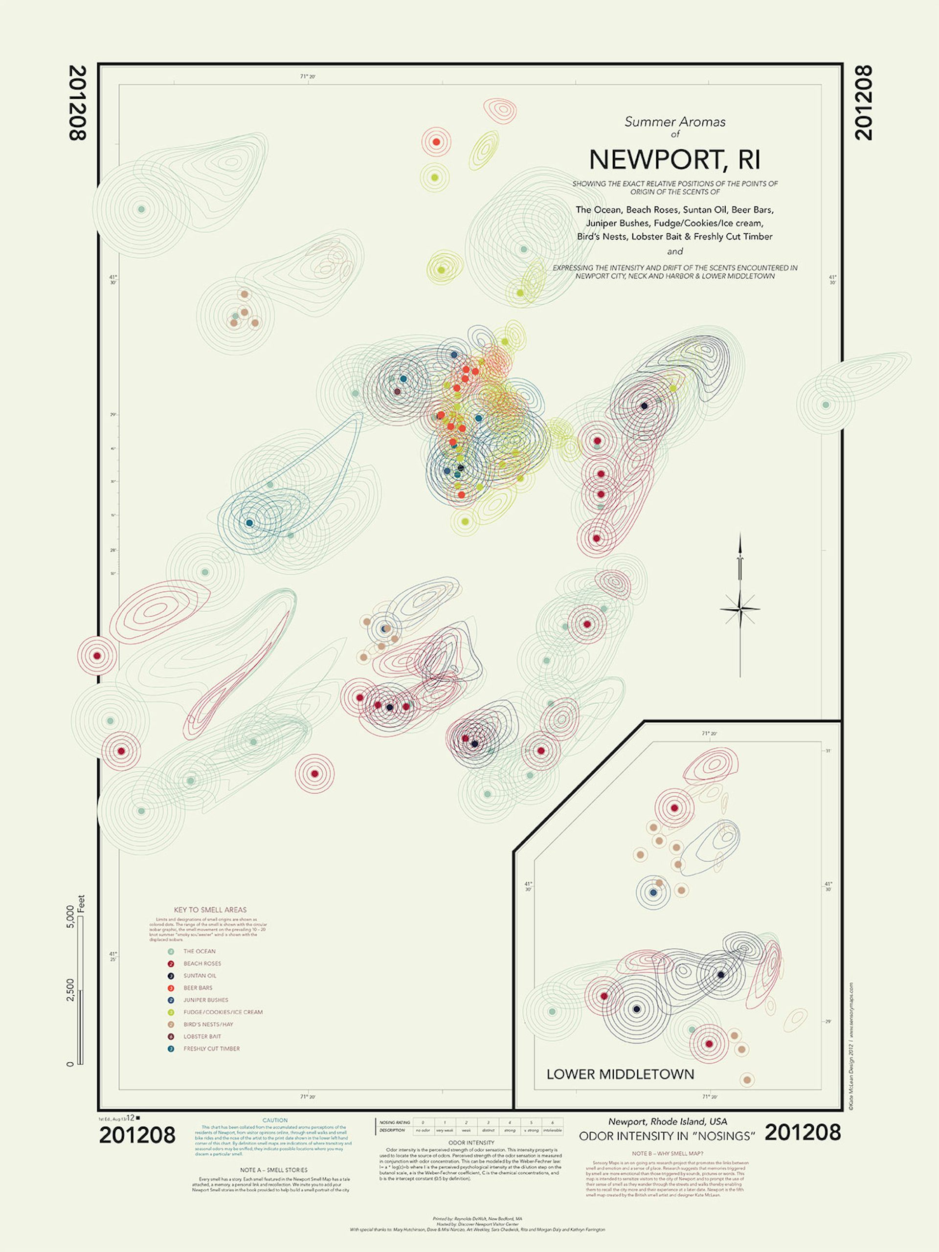 map of Rhode Island's newport, coloured circles indicating different smells