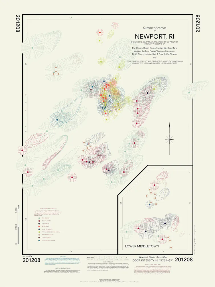 map of Rhode Island's newport, coloured circles indicating different smells