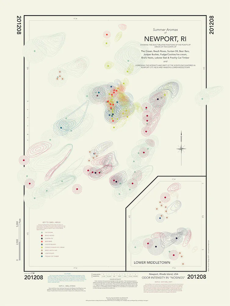 map of Rhode Island's newport, coloured circles indicating different smells