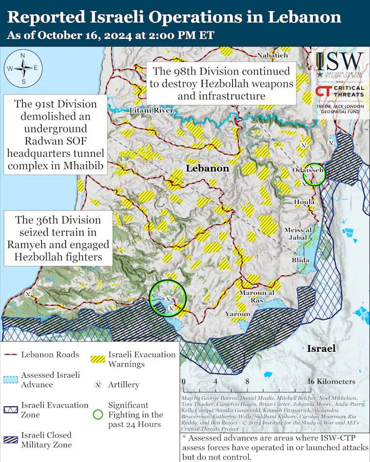 ISW map showing the state of the Israeli ground operation in southern Lebanon as at October 16 2024.