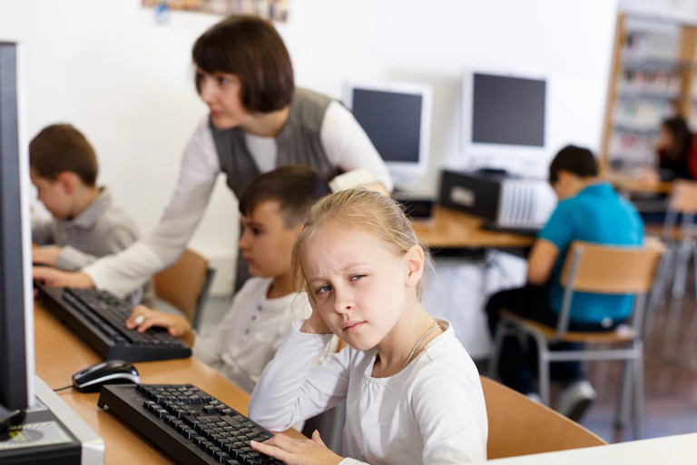 Upset girl at computer