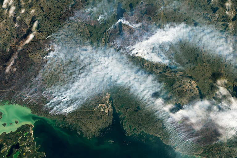 A satellite image of a green landscape clouded with smoke.