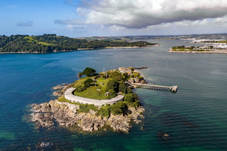 Drake's Island, aerial shot of rocky outcrop in plymouth sound