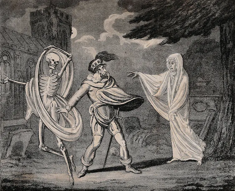 A man being accosted by two ghosts