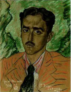 A painting of Casminir Lewy in a yellow jacket.