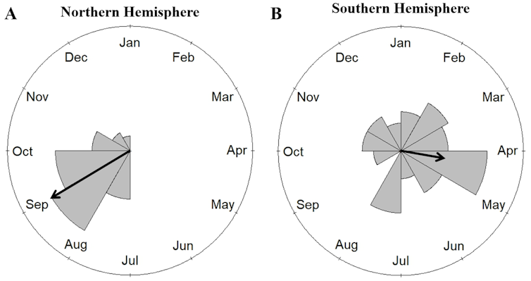 A graph showing the annual distribution of bird strikes in the northern versus the southern hemisphere.