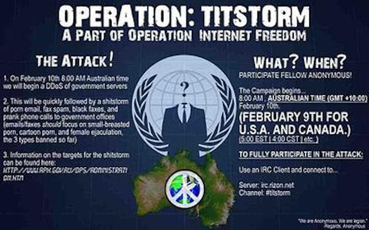 Image of a flyer promoting 'Operation: Titstorm' and detailing plans for various attacks.