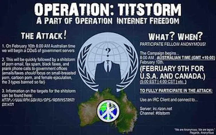 Image of a flyer promoting 'Operation: Titstorm' and detailing plans for various attacks.