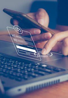 graphic showing phone username and passcode screen, phone and laptop
