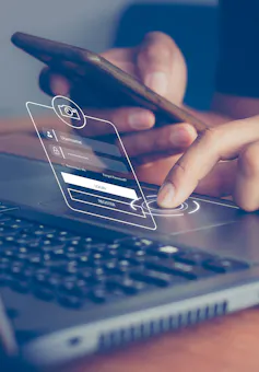 graphic showing phone username and passcode screen, phone and laptop