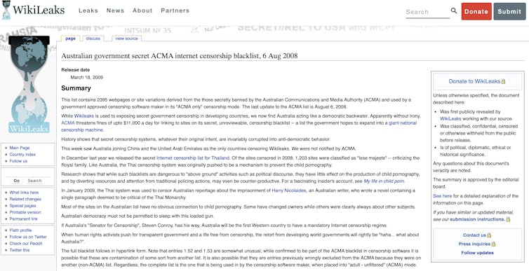 Screenshot of Wikileaks website page