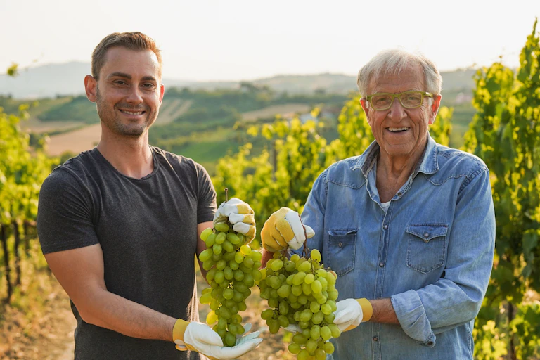 Deux hommes, un jeune et un plus âgé, dans des vignes, montrent du raisin.
