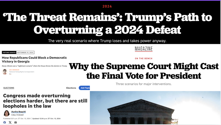 Screenshots of a selection of headlines trumpeting the ways the 2024 presidential election could be subverted.