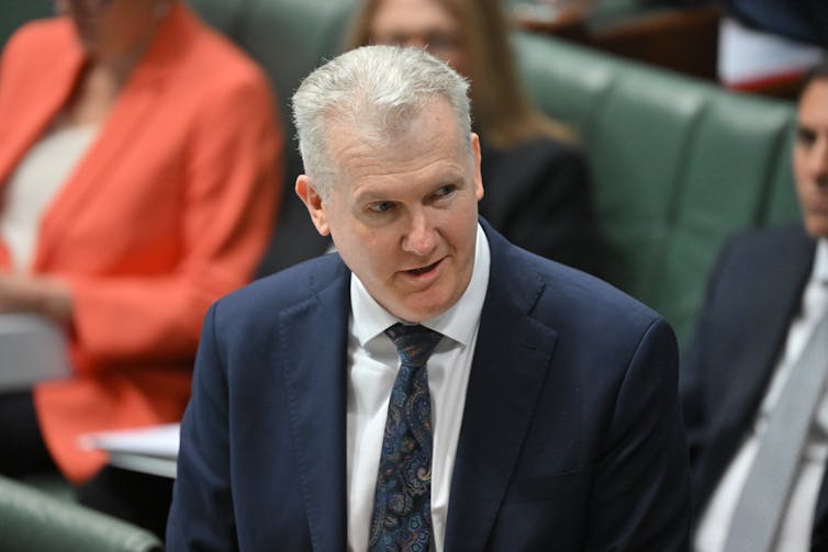 Man wearing navy suit with patterned navy tie talking in parliament.
