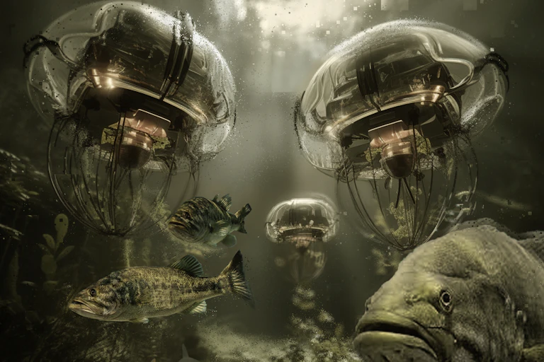 artwork depicts underwater robots with fish