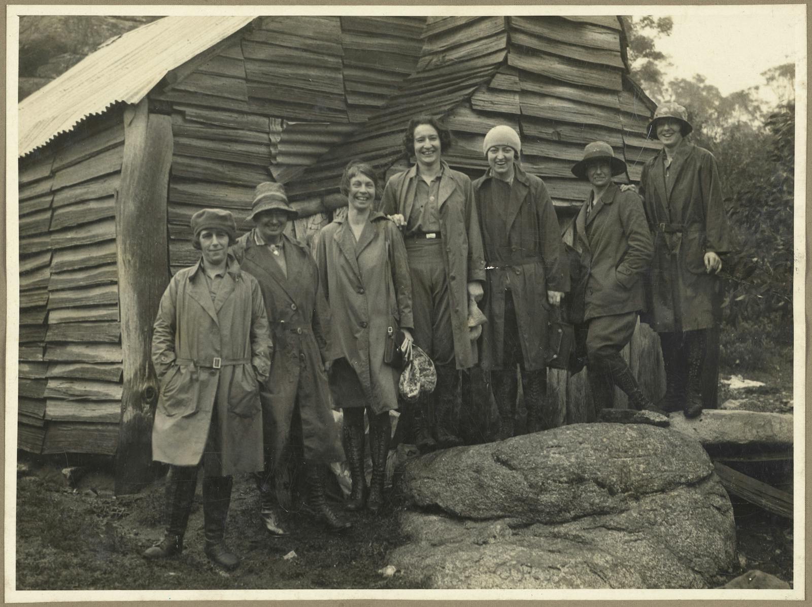 A group of women smiling outside Tawonga Hut, Christmas 1928