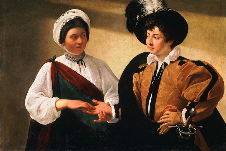 Painting of a fortuneteller reading a palm