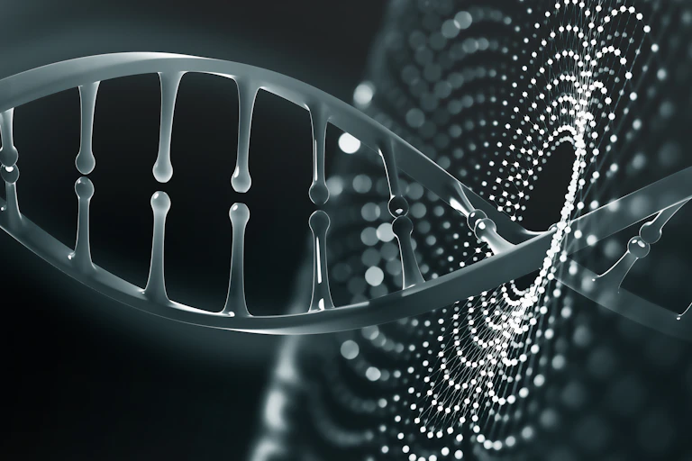 a white dna helix against a black background