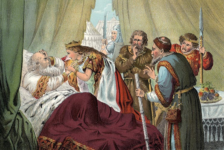 Colorful illustration of a woman dressed in robes, wearing a crown, at her sickly father's bedside.