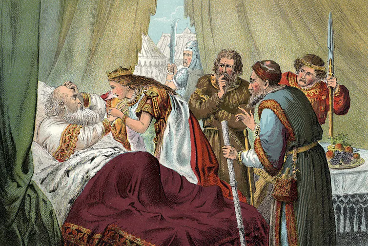 Colorful illustration of a woman dressed in robes, wearing a crown, at her sickly father's bedside.