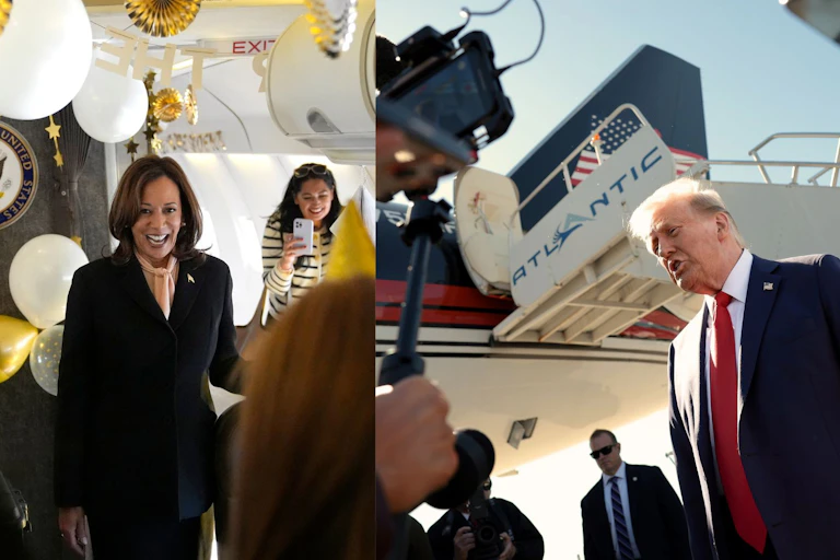 A compilation, side-by-side photo shows a woman wearing a dark pantsuit with a a cream shirt on the left, with an older white man wearing a blue suit and red tie on the right.
