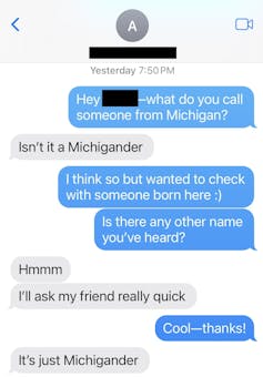 Screen showing text message exchange