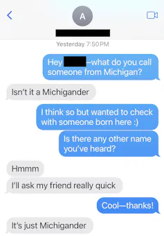 Screen showing text message exchange