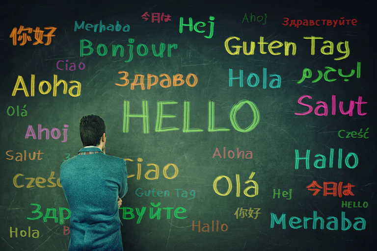 Man looking at a chalkboard written with the word hallo in different languages and colours.