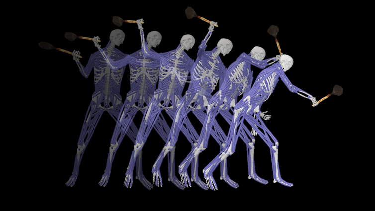 Diagram of a human skeleton in a series of motions with a smaller tool.