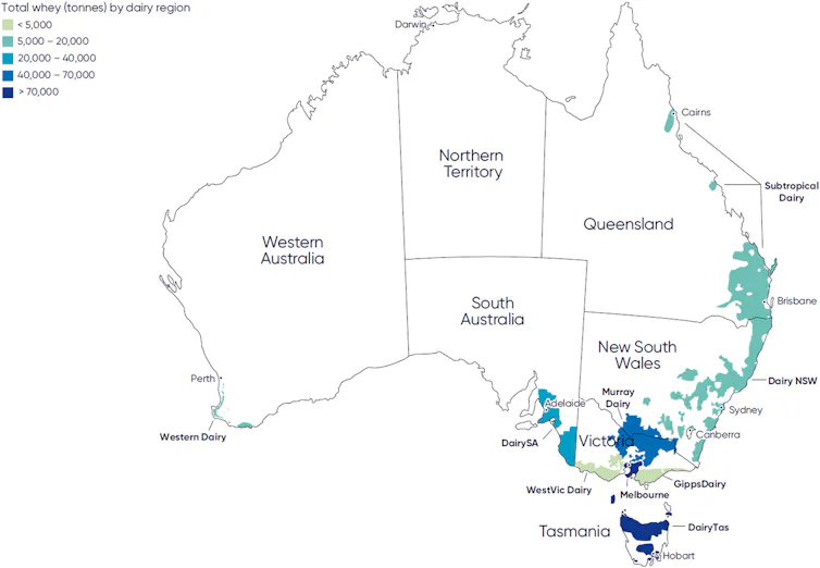 This figure shows volumes of whey produced in Australia with darker colours indicating more whey.