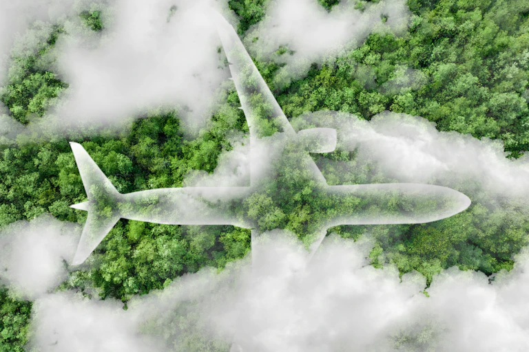 Artwork - a white silhouette of a plane flying over trees with fluffy white clouds nearby