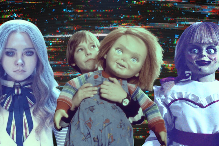 Photos de poupées effrayantes tirées de films, M3gan, Chucky et Annabelle.
