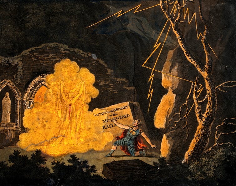 Painting showing the ghost of a woman with a burial shroud confronts her murderer on a stormy night.