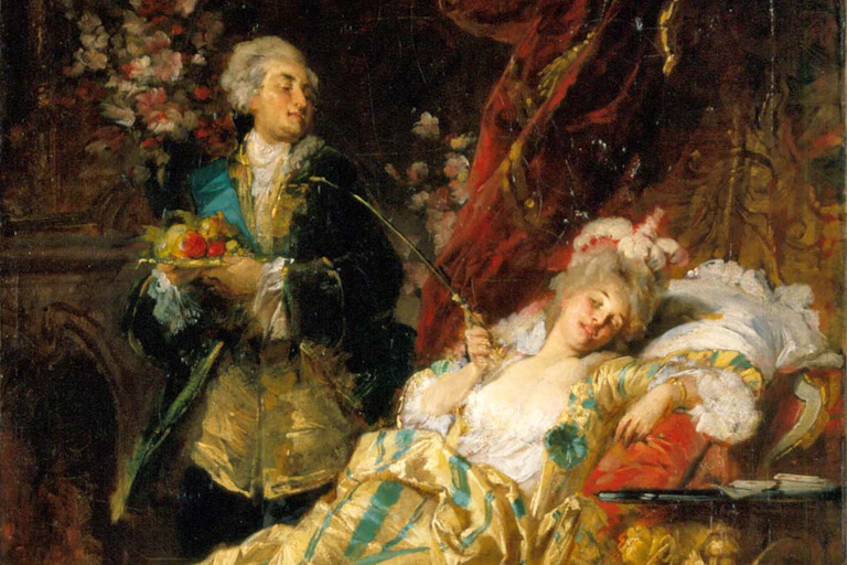 Pintura que retrata a una mujer tumbada y un hombre de pie observándola