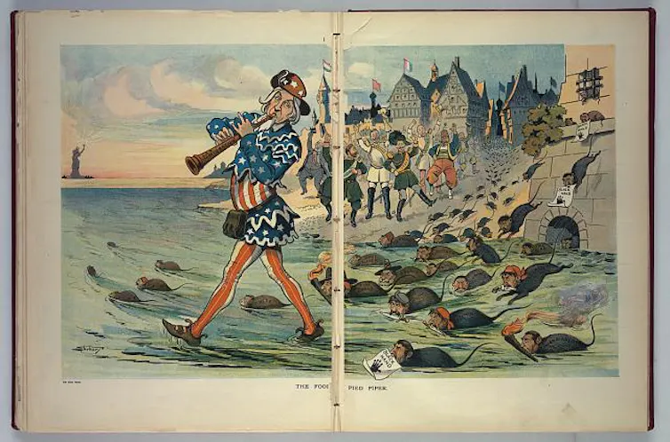 An Uncle Sam figure playing a pipe leads rats with human faces into the ocean, away from Europe's shores.