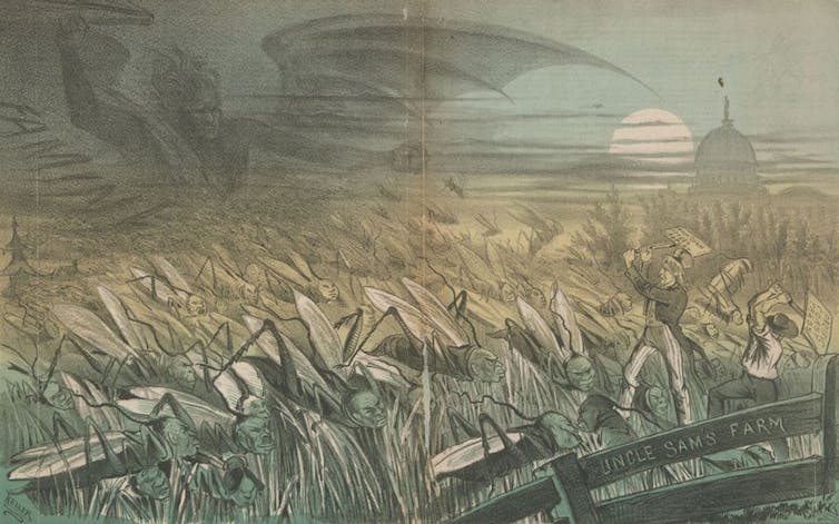 A faded green and yellow cartoon shows a menacing plague of insects with human faces.