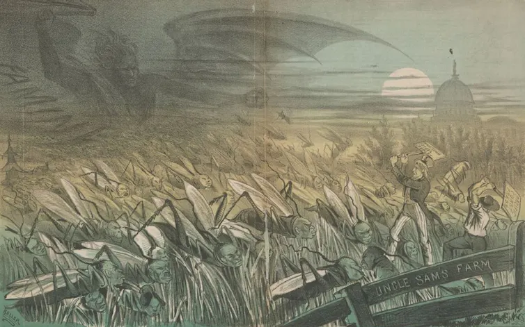 A faded green and yellow cartoon shows a menacing plague of insects with human faces.