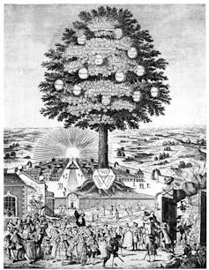 A black and white engraving of a huge tree in the middle of a shining, walled city, with a crowd outside.