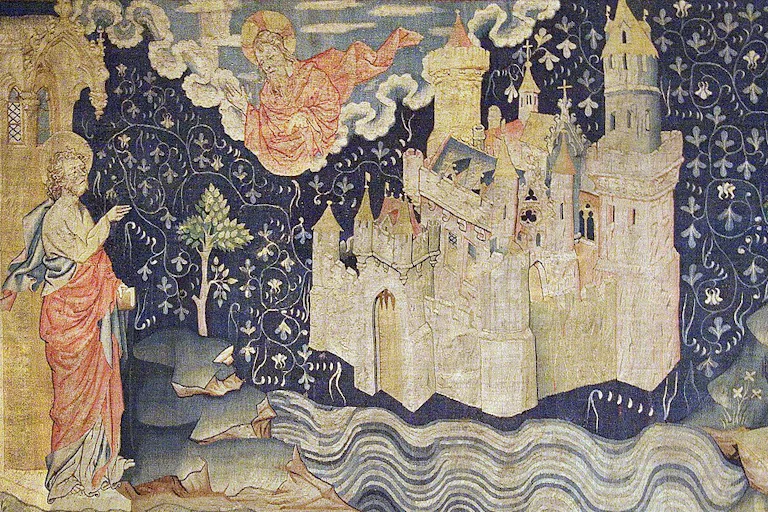 A tapestry with a blue background, showing a walled castle, a river, and a god-like figure staring down from heaven.