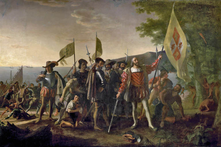 A painting of European explorers, many of whom wear metal breastplates, hoisting flags as they step ashore.