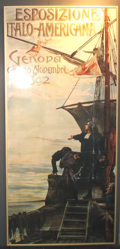 A poster with ornate lettering shows a man in black clothing grandly gesturing at the sun from the deck of a boat.