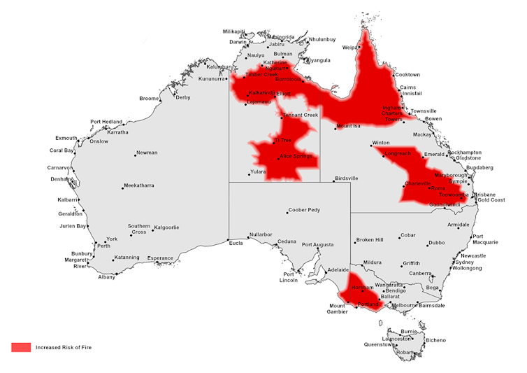 map of australia showing heightened risk of fire in spring