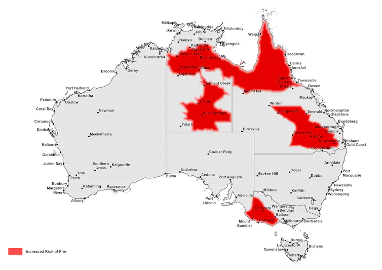 map of australia showing heightened risk of fire in spring