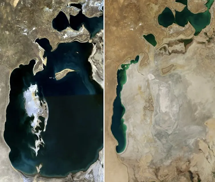 Dos imágenes del mar de Aral: a la izquierda lleno de agua, a la derecha más vacío.