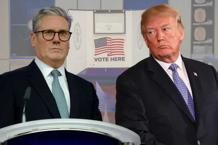 Collage photo of Donald Trump and Keir Starmer both looking stern at lecterns, the background being a US voting booth that says 'vote here' with an image of an American flag